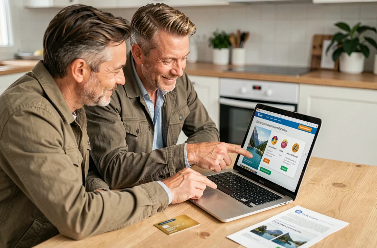 Couple planifiant un voyage à domicile en comparant les garanties d'assurance Visa Gold sur un ordinateur portable