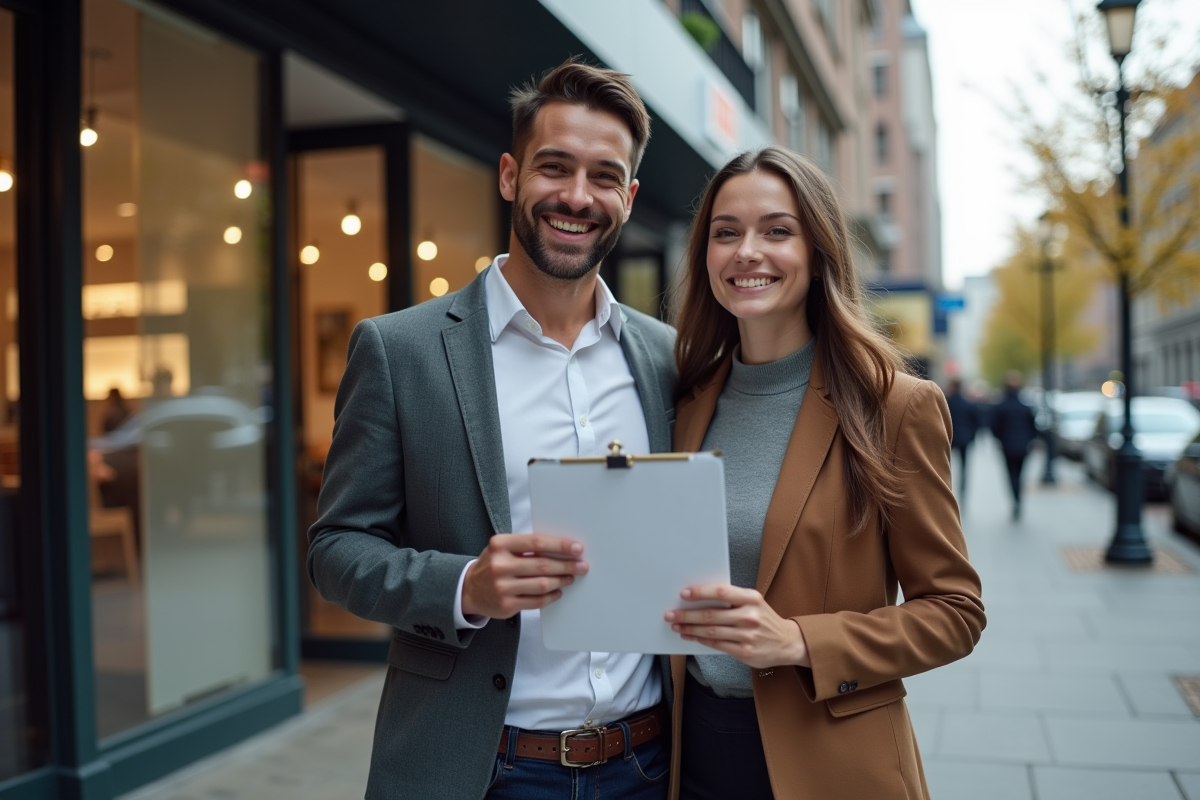 Jeune couple heureux avec dossier de pret immobilier en ville