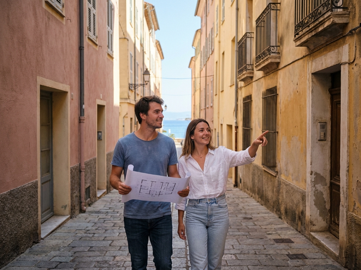 Couple cherchant une location longue durée dans les ruelles du centre historique d'Ajaccio en Corse