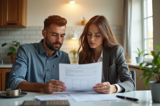 Couple discutant de finances à la maison
