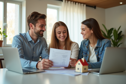 Jeune couple souriant avec un banquier dans un bureau lumineux