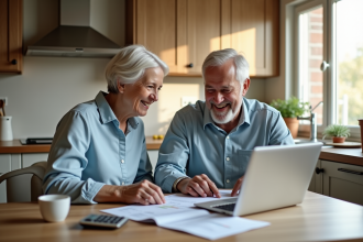 Couple senior souriant discutant finances à la cuisine