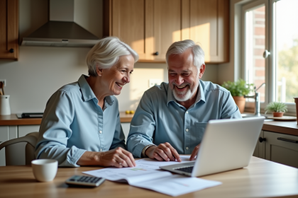 Couple senior souriant discutant finances à la cuisine