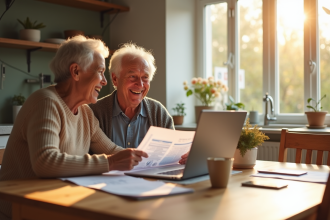 Couple senior souriant avec documents et ordinateur dans la cuisine