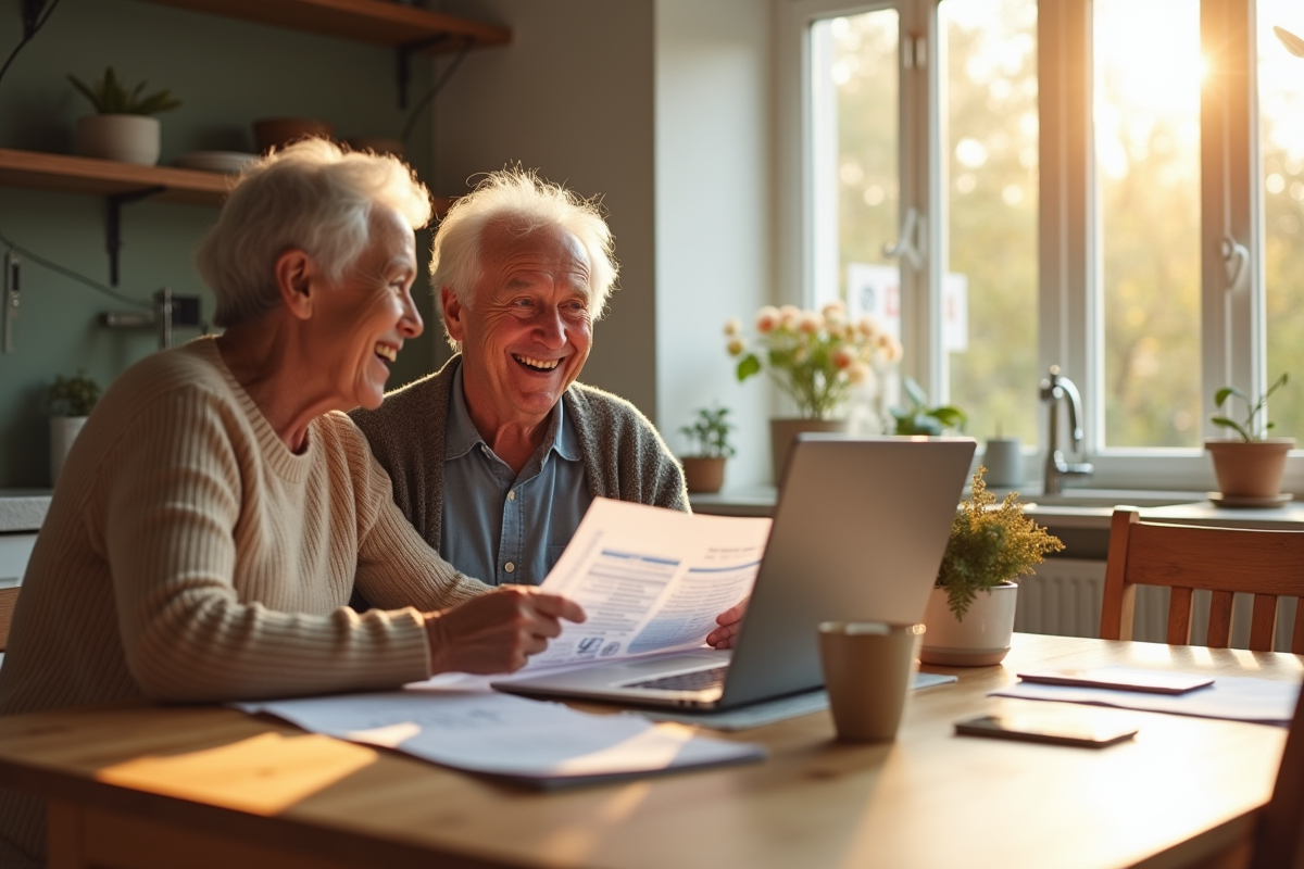 Couple senior souriant avec documents et ordinateur dans la cuisine