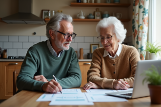 Couple de seniors français examinant des papiers à la maison