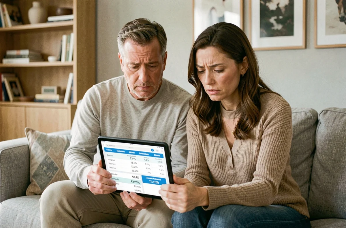 Couple étudiant ensemble une simulation de crédit sur tablette dans leur salon pour éviter les pièges du financement