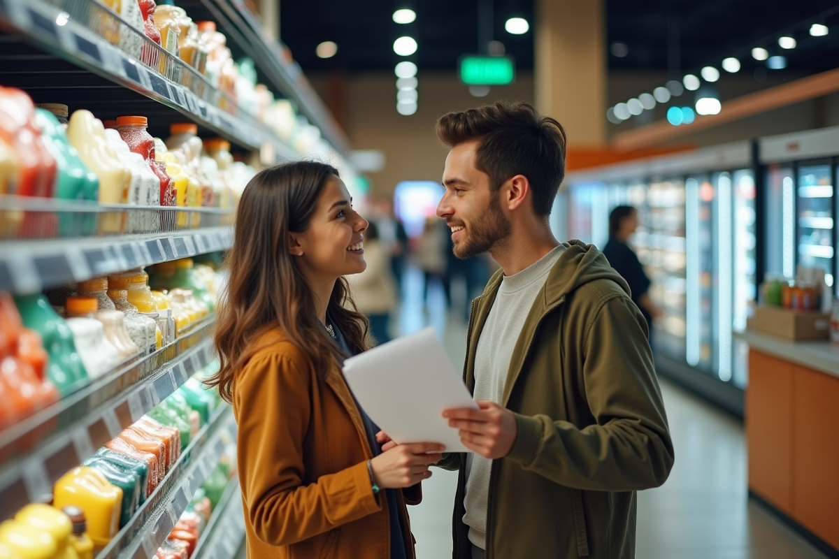 Couple au supermarché comparant les prix des produits