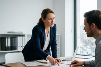 Courtière en assurance professionnelle conseillant un chef d'entreprise autour de documents de contrat dans un bureau moderne