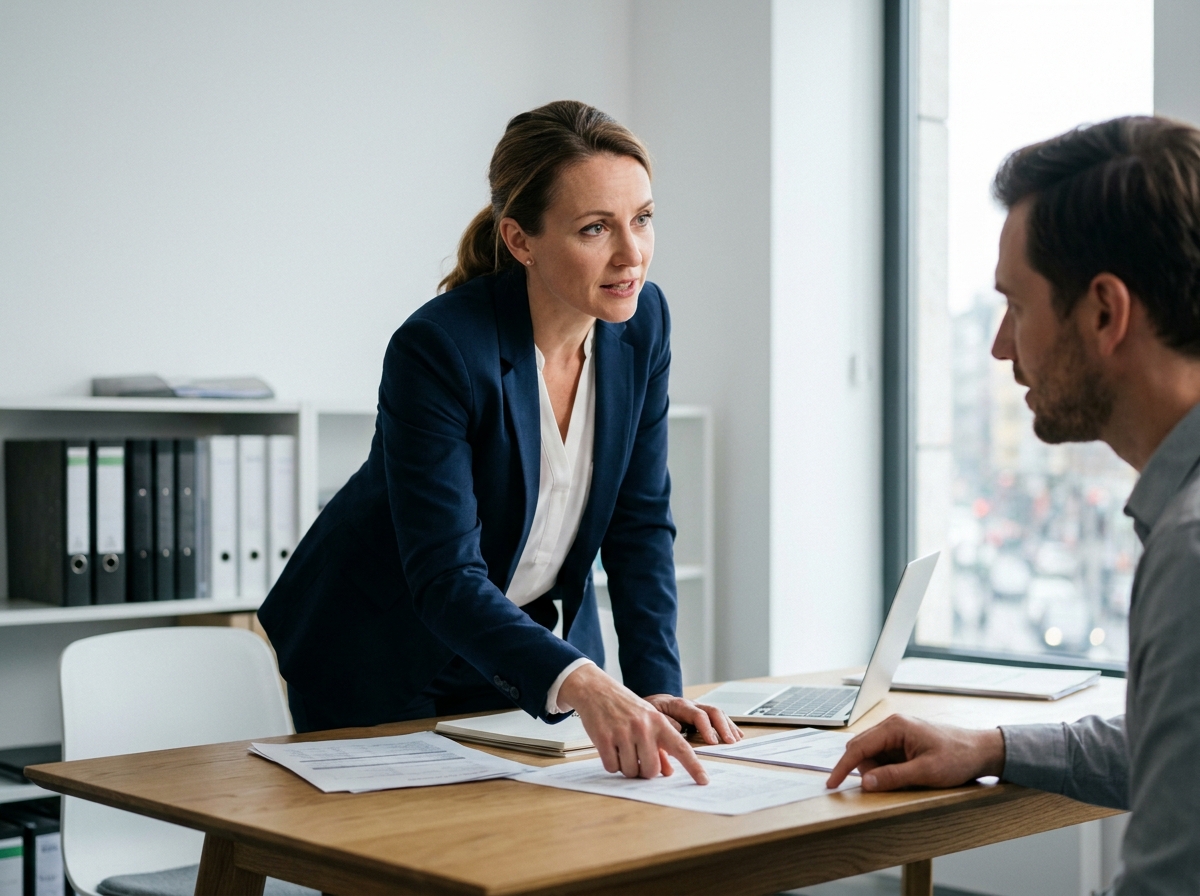 Courtière en assurance professionnelle conseillant un chef d'entreprise autour de documents de contrat dans un bureau moderne