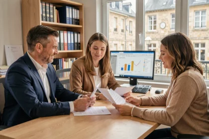 Courtier en crédit immobilier conseillant un couple dans un bureau professionnel de l'Allier