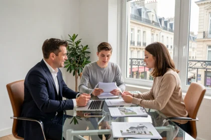 Un courtier immobilier professionnel conseille un couple dans un bureau moderne à Saint-Étienne