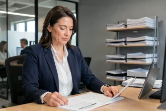 Courtière en assurance professionnelle examinant des documents dans un bureau de courtage moderne