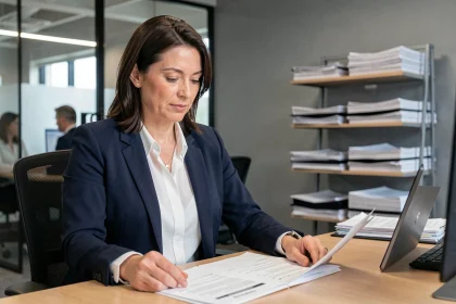 Courtière en assurance professionnelle examinant des documents dans un bureau de courtage moderne