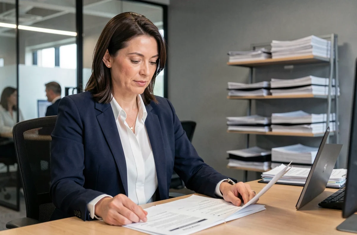 Courtière en assurance professionnelle examinant des documents dans un bureau de courtage moderne