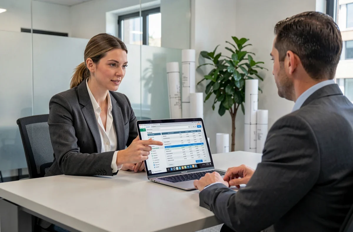 Courtière en assurance présentant les tarifs d'une assurance décennale multiservice à un professionnel du bâtiment