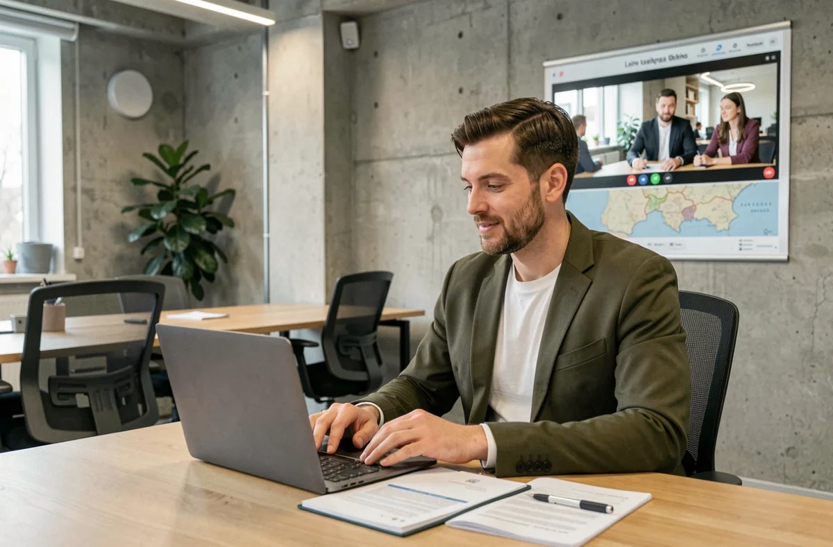 Courtier de l'antenne Loire des Courtiers Bordelais en téléconsultation professionnelle dans son bureau à Saint-Étienne