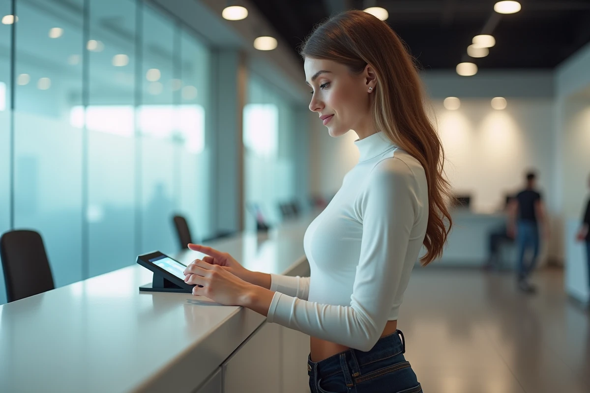 Jeune femme créant son identifiant LCL Accès au guichet d'une agence bancaire moderne