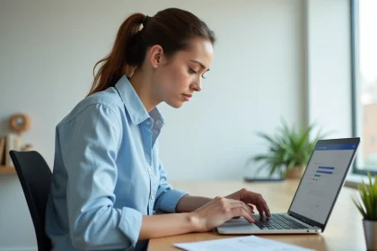 Femme créant son identifiant LCL Accès en ligne sur un ordinateur portable à son bureau