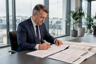 Professionnel en costume examinant des documents juridiques pour créer une SCPI dans une salle de réunion parisienne