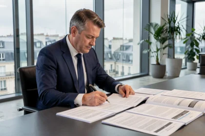 Professionnel en costume examinant des documents juridiques pour créer une SCPI dans une salle de réunion parisienne