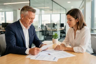 Conseiller bancaire et client discutant d'un crédit pour financer des parts de SCPI dans un bureau moderne