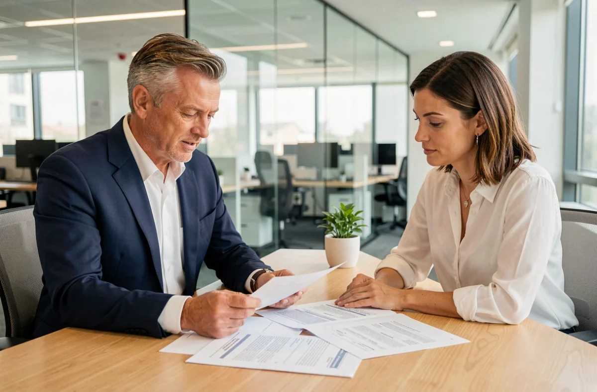 Conseiller bancaire et client discutant d'un crédit pour financer des parts de SCPI dans un bureau moderne