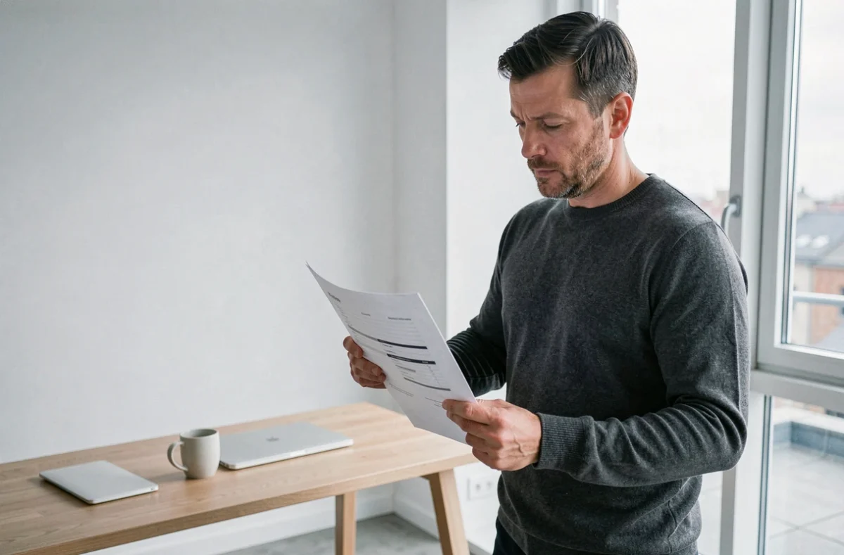 Homme réfléchi tenant un rapport de performance de trading dans un appartement minimaliste, évoquant la décision stratégique entre une prop firm et un compte de trading individuel