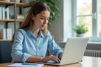 Jeune femme découvrant la plateforme Inaxa Courtage sur un ordinateur portable dans un bureau à domicile moderne