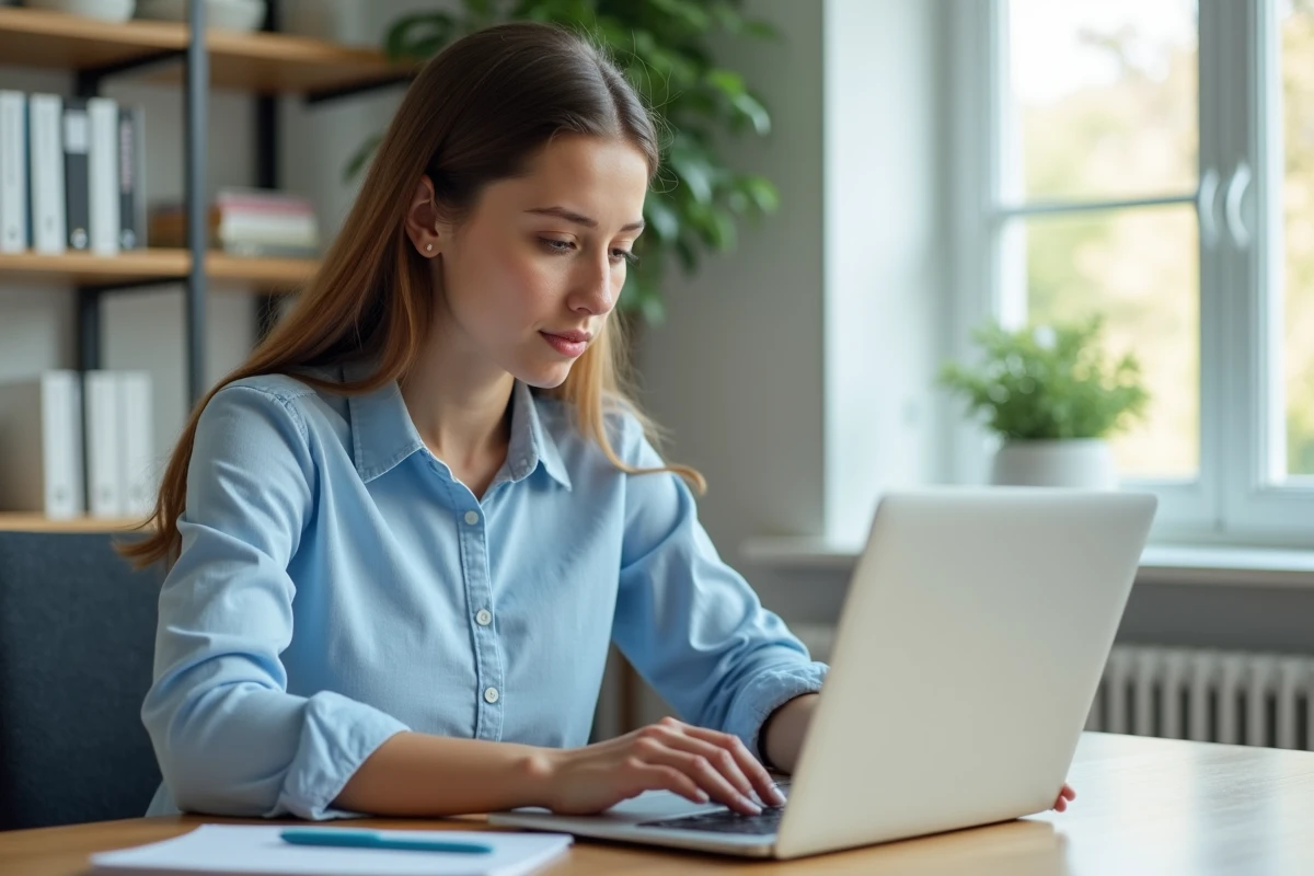 Jeune femme découvrant la plateforme Inaxa Courtage sur un ordinateur portable dans un bureau à domicile moderne