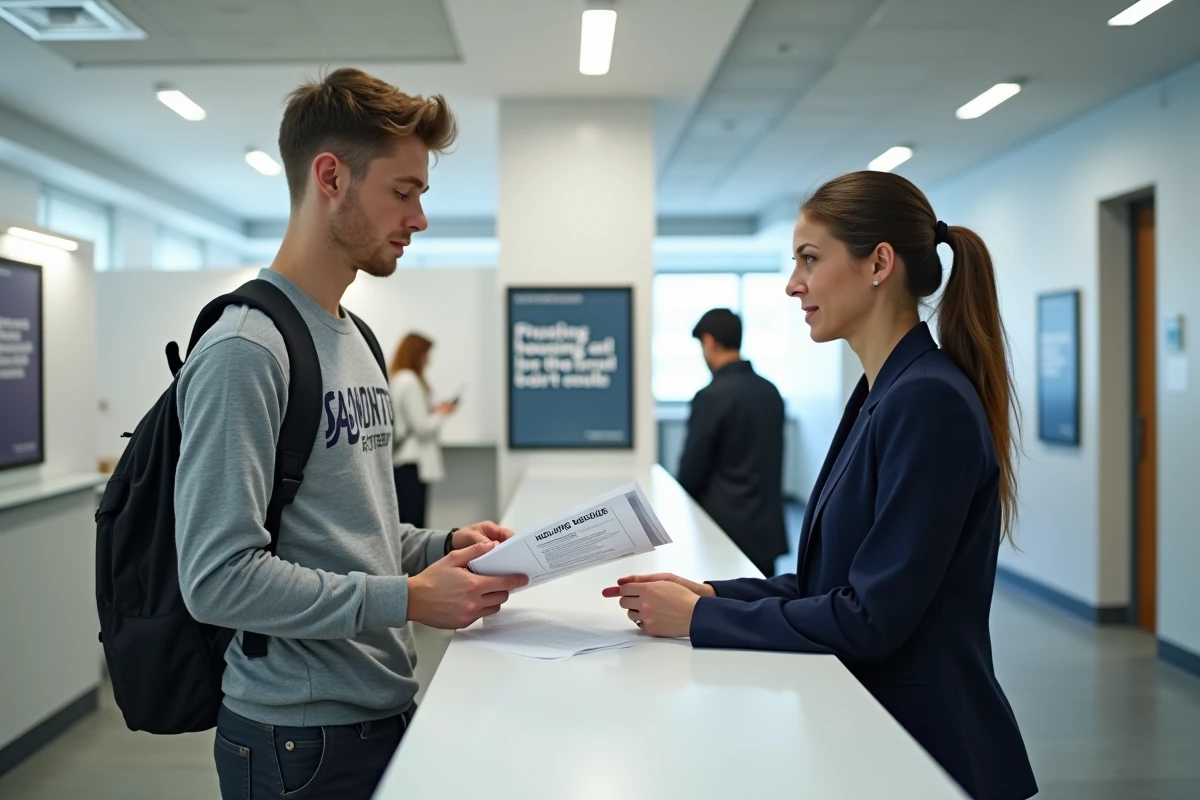 Étudiant déposant son dossier APL au guichet d'un service administratif universitaire lors de la rentrée