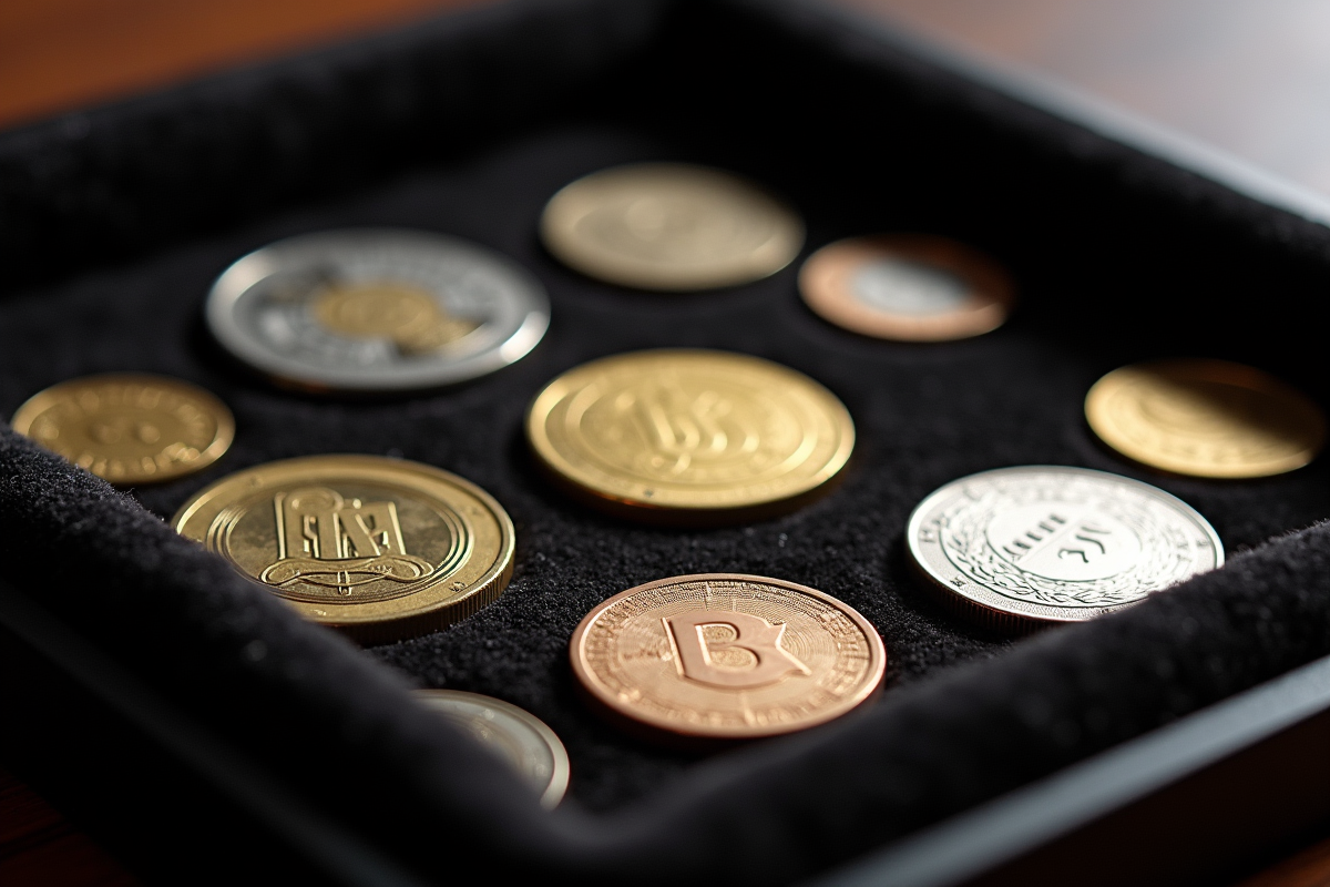Plusieurs pièces de monnaie disposées sur un plateau en velours noir