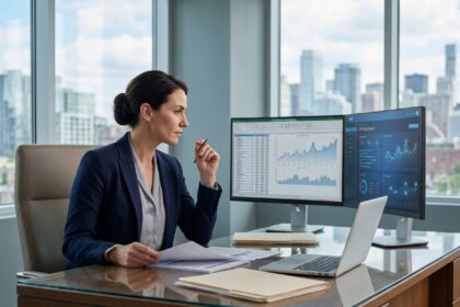Directrice financière analysant un tableau de bord ERP avec des visualisations d'intelligence artificielle dans un bureau exécutif moderne