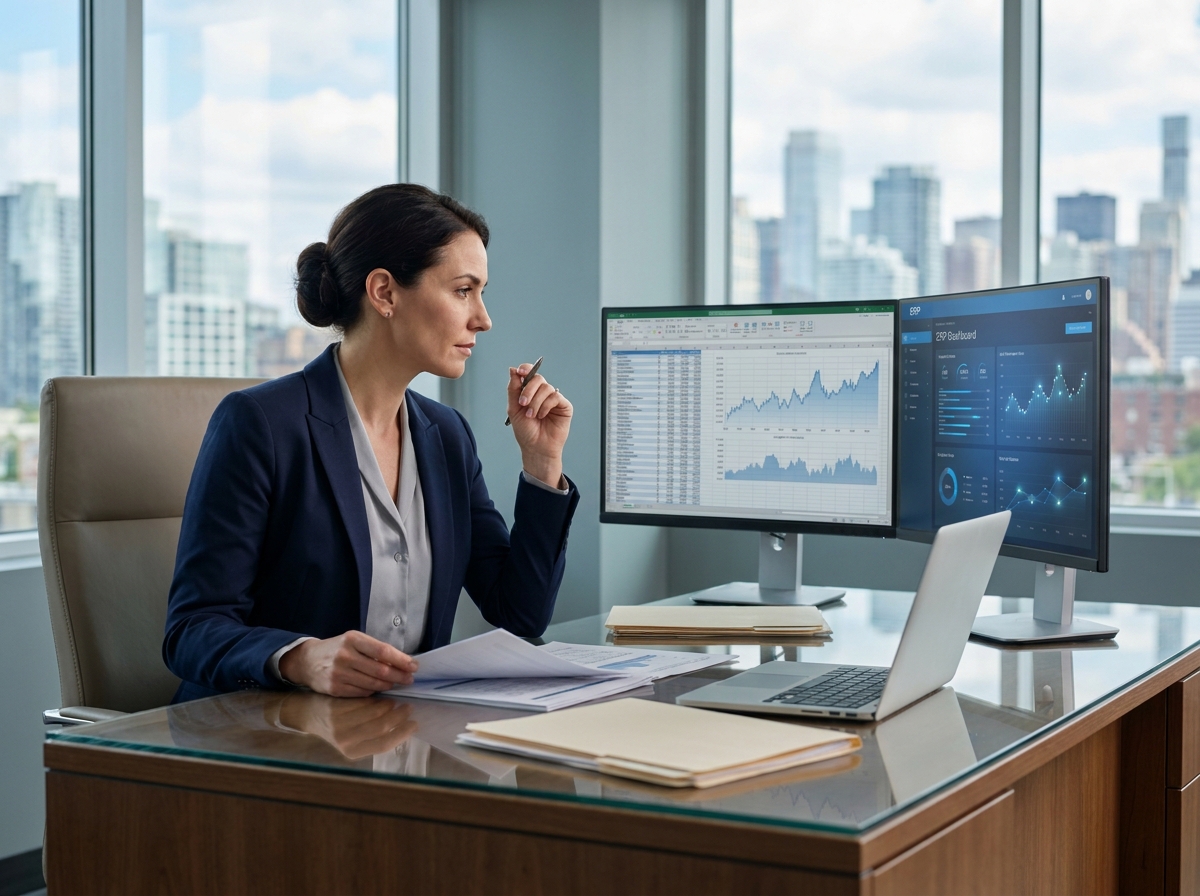 Directrice financière analysant un tableau de bord ERP avec des visualisations d'intelligence artificielle dans un bureau exécutif moderne