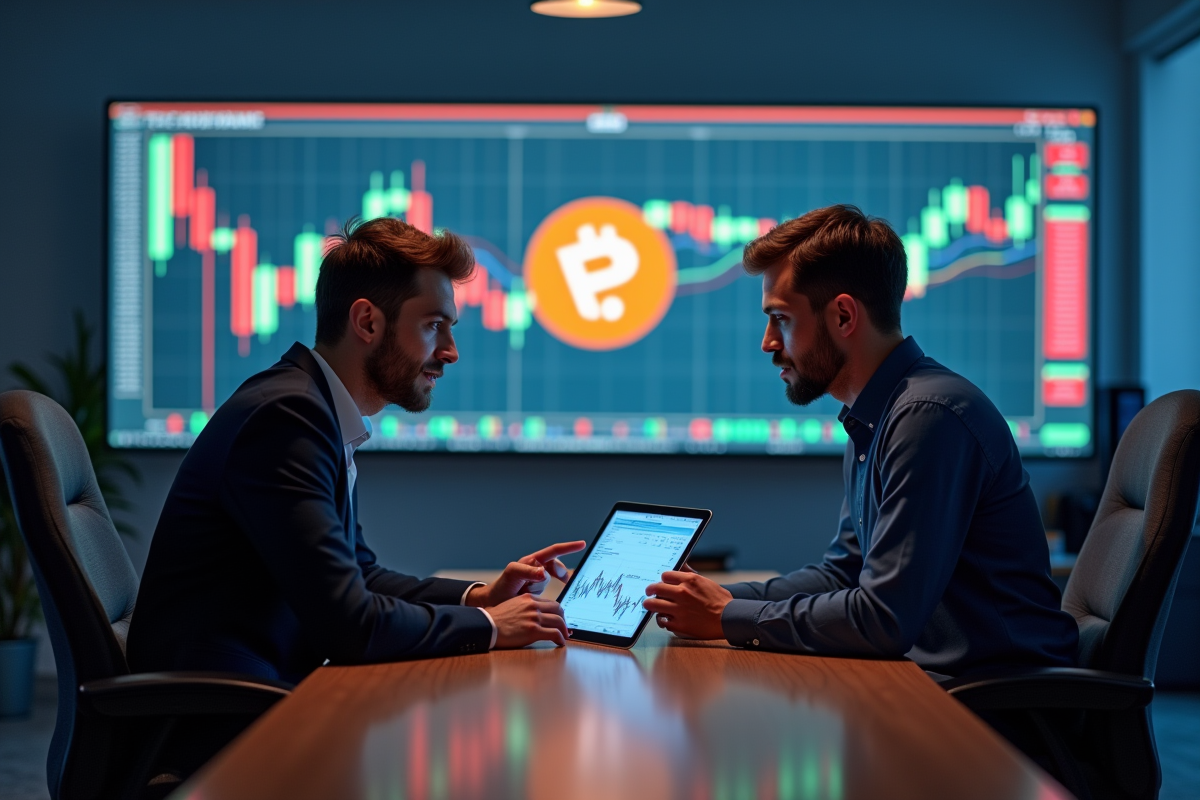 Deux personnes discutant de trading bitcoin en bureau lumineux