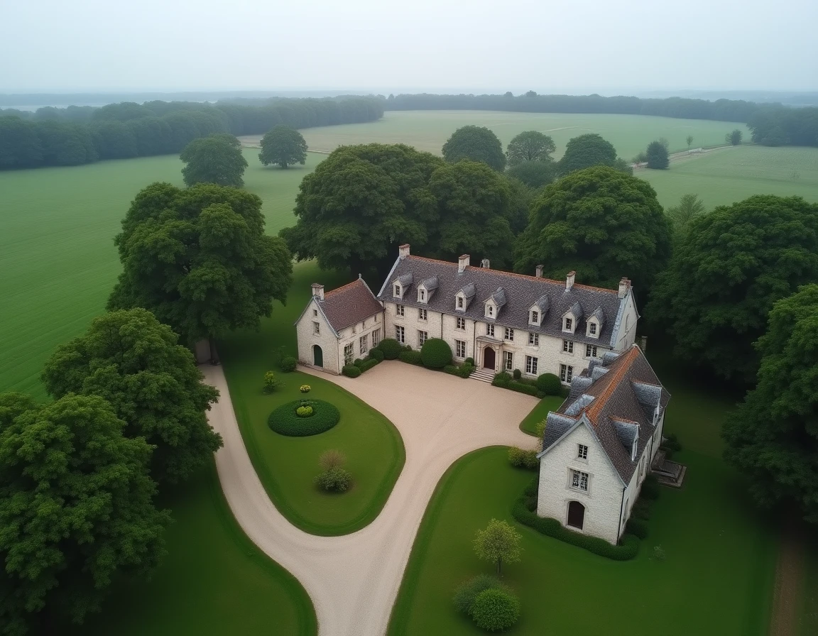Vue aérienne d'un domaine traditionnel en Vendée représentant le patrimoine immobilier et foncier associé à la fortune de Philippe de Villiers