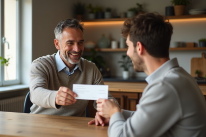Pere et fils échangeant un chèque dans la cuisine