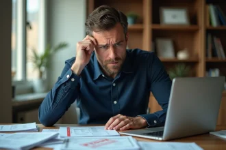 Homme stressé devant un dossier de crédit refusé avec des documents financiers éparpillés sur son bureau