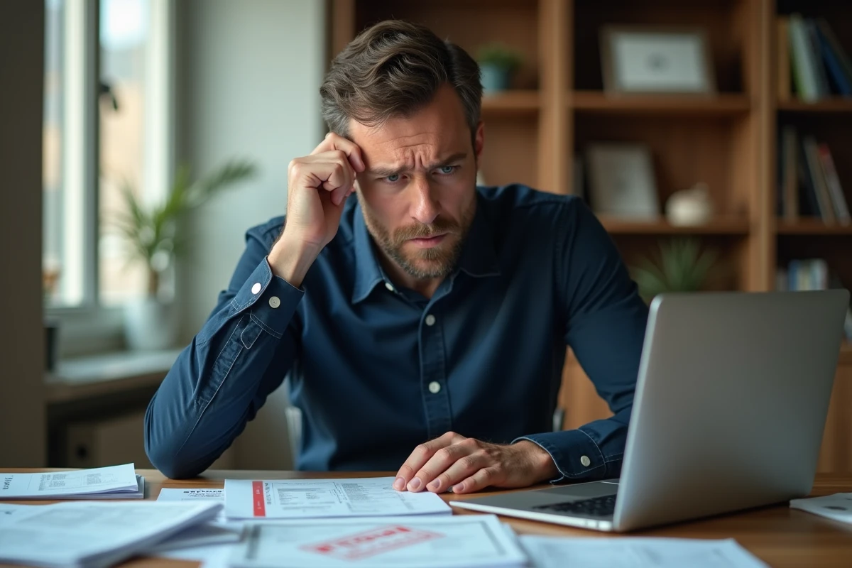 Homme stressé devant un dossier de crédit refusé avec des documents financiers éparpillés sur son bureau