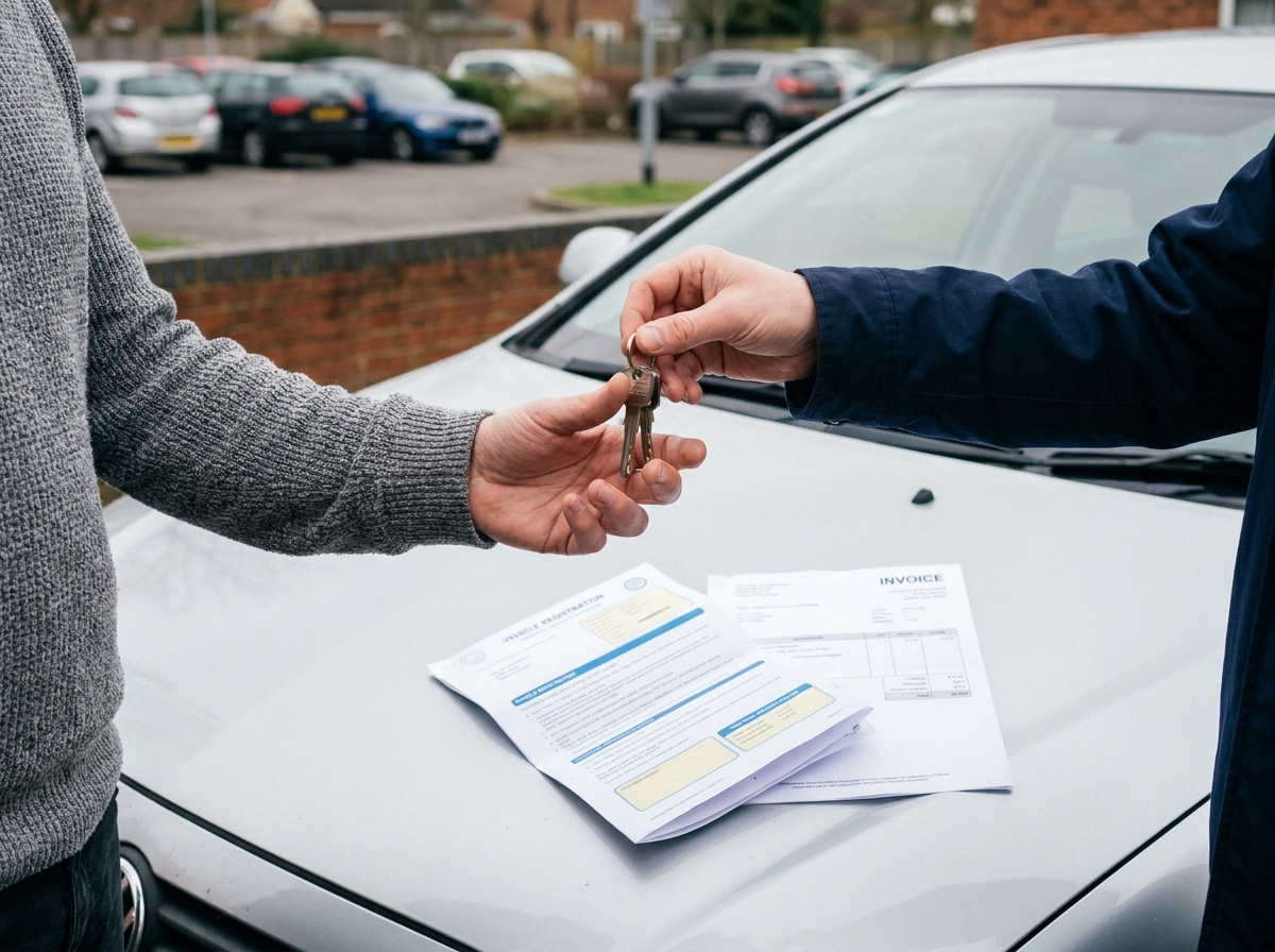 Échange de clés de voiture et de documents administratifs lors d'une transaction de véhicule d'occasion