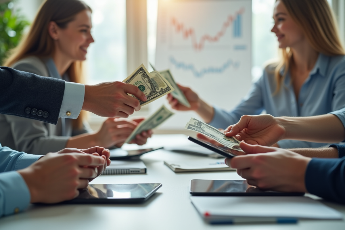 Plusieurs mains échangeant argent et tablettes pour stratégies financières