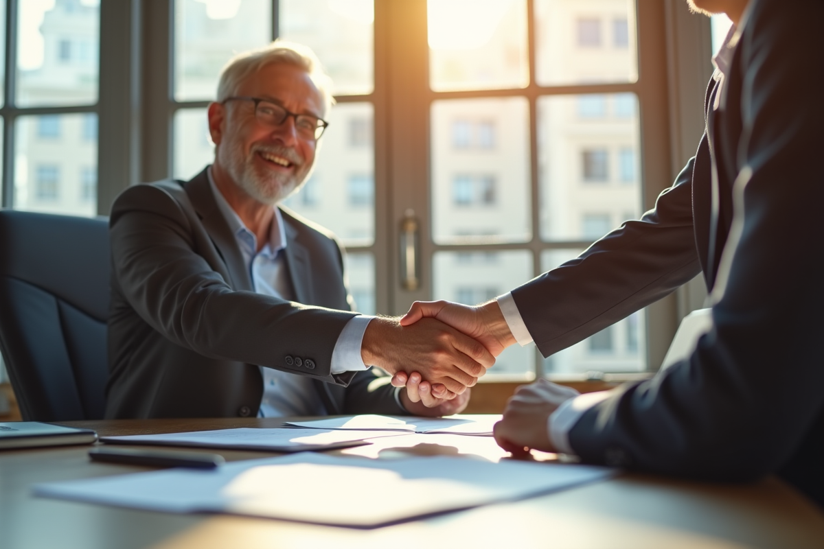 Personne mature serrant la main d'un professionnel en bureau
