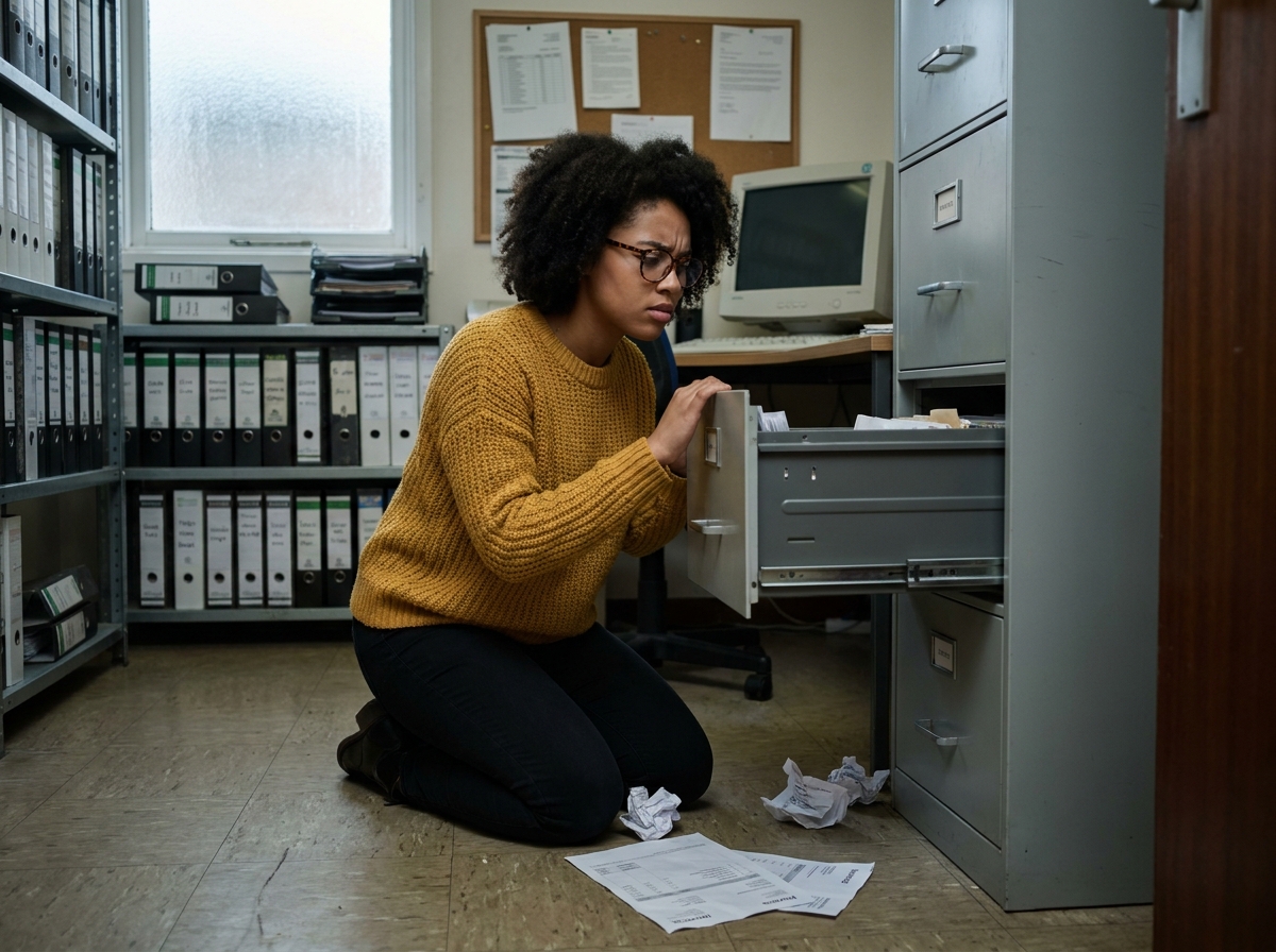 Employée comptable cherchant une facture égarée dans un classeur débordant de documents dans une salle d'archives