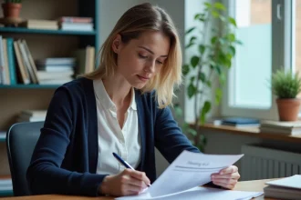 Enseignante de l'éducation nationale qui analyse son bulletin de salaire dans un bureau scolaire