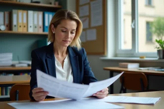Enseignante consultant le calendrier de paye 2026 de l'Éducation nationale dans une salle des professeurs