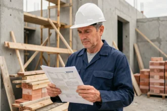 Entrepreneur du bâtiment consultant un document d'assurance décennale multiservice sur un chantier de construction