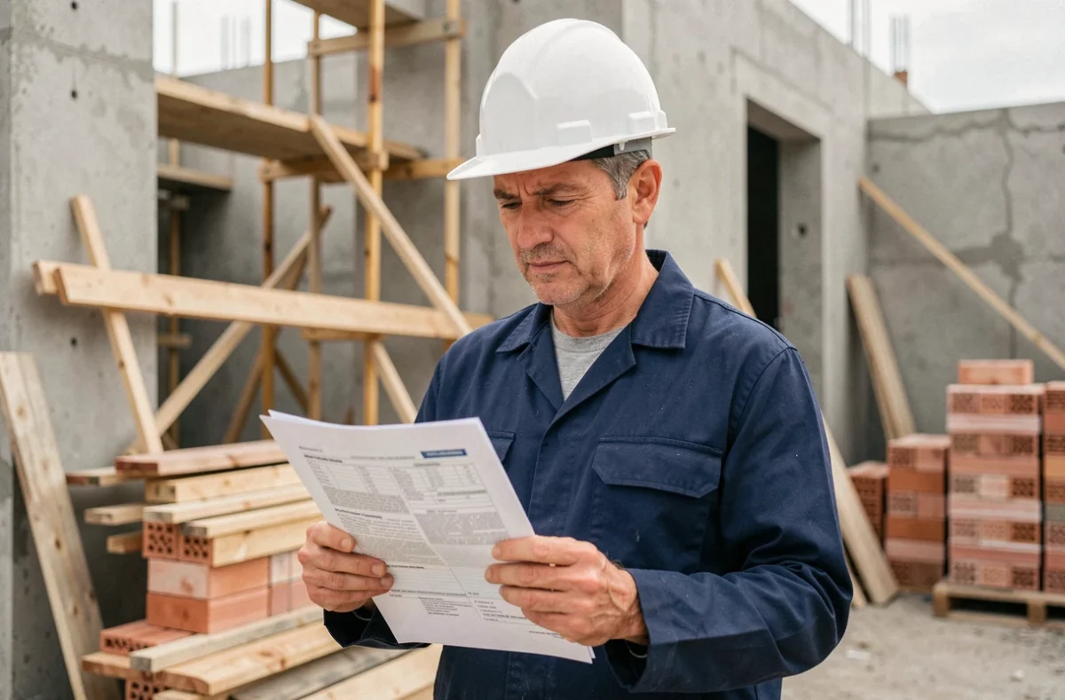 Entrepreneur du bâtiment consultant un document d'assurance décennale multiservice sur un chantier de construction