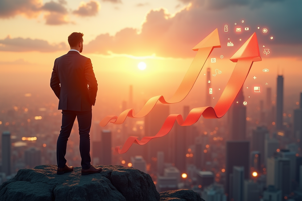 Entrepreneur confiant sur la skyline au lever du soleil