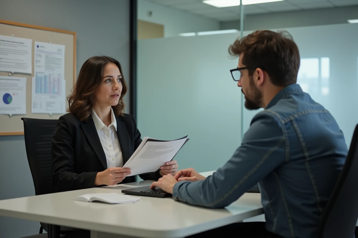 Femme en entretien avec un conseiller social dans une agence CAF pour renseigner ses ressources de couple en vue d'une demande de RSA