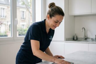 Professionnelle du ménage à domicile essuyant un plan de travail dans une cuisine moderne à Rueil-Malmaison